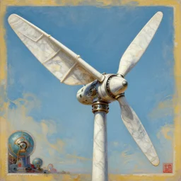 level wind turbine propeller winged in Hand Crafted from marble by Futuristic Steampunk Geniuses. Painting by greg rutkowski Donato Giancola Jeff Simpson stamp acrylic