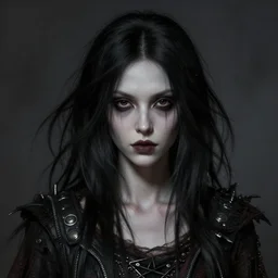 portrait painting of an androgynous witch with shoulder length flowing black hair pale skin and beautiful dark brown eyes wearing a punk clothes, ultra realistic, concept art, intricate details, eerie, highly detailed, photorealistic, octane render, 8 k, unreal engine. art by artgerm and greg rutkowski and magali villeneuve and alphonse mucha