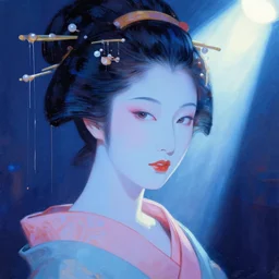 portrait of a geisha, night club, intimate, pastel blue colors, beautiful face, rule of thirds, spotlight, drips of paint, expressive, passionate, by greg rutkowski, by jeremy mann, by francoise nielly, digital painting