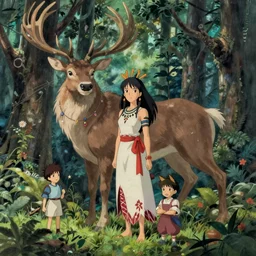 illustration of a magical tribal sorceress with a huge majestic stag in a forest by hayao miyazaki and jean giraud moebius, highly detailed digital painting, concept art