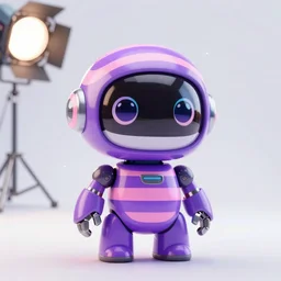 an adorable purple and pink striped robot with big eyes, futuristic look, highly detailed body, photorealistic camera shot, bright studio setting, studio lighting, crisp quality, light reflections, unreal engine 5 render,
