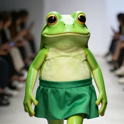 fashion show with a upset smiling green tree frog dressed in a green skirt, photo realistic, matte image
