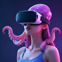 beautiful woman wearing an octopus as virtual reality glasses, dappled neon, octane render, 3 d render, beautiful, 8 k, high quality, amazing, masterpiece