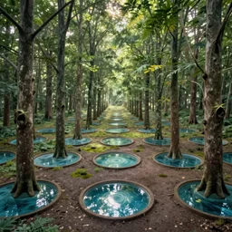 immaculate forest with trees spaced as if on a grid between perfectly circular pools of water on the ground, with light flitering through the trees by Studio Ghibli and Salvador Dali, dynamic camera angle, deep 3 point perspective.