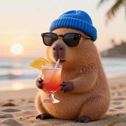 a photorealistic photograph of a knitted cute Capybara dressed in sunglasses and a blue beanie cap. The subject is drinking a refreshing Cosmopolitan drink at the beach during sunset. The image is Trending on Artstation, featured on Behance, well-rendered, fine detail, extra crisp image, Unreal Engine, 4K HD