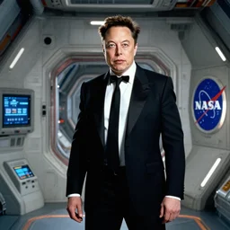 elon musk dressed as james bond villain hugo drax from the movie moonraker, space station, nasa, hyperreal