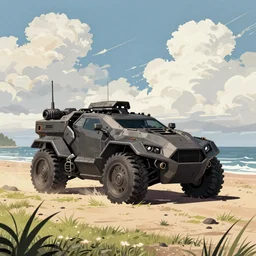 an armored core in the beach, clouds, daylight ; detailed illustrations, pastel tones, dark colors, clear lines, by jordan grimmer, huge scene, grass, art greg rutkowski
