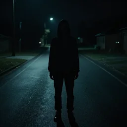 a barely visible creepy figure standing in the middle of the road at night, found footage, dark, scary