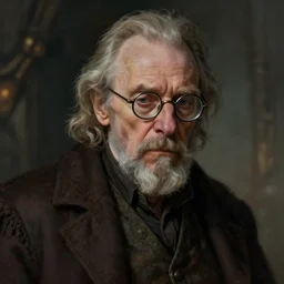 Ian McKellen as a sad, paranoid alchemist, with goatee and glasses, fantasy concept art by Kerem Beyi