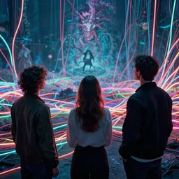 woman, neon, they are watching, RGB, glowing wires everywhere, pristine, by Edgar Maxence and Ross Tran, Zdzisław Beksiński, and Michael Whelan, distant, gustav dore, H.R. Giger, 8k, octane render
