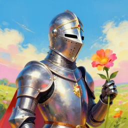 vibrant and colorful retrofuturistic digital airbrush illustration of a knight wearing an ornate chrome headpiece and holding a flower with a landscape and sky in the background by luigi patrignani