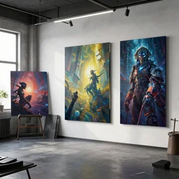 a modern studio with paintings painted by pascal campion, octane render, unreal engine 6, epic game graphics, fantasy, cyberpunk, conceptual art, ray tracing