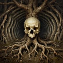 tree root dungeon optical illusion of a skull, deep focus, intricate, highly detailed, digital painting, artstation, concept art, matte, sharp focus, illustration, art by artgerm and greg rutkowski