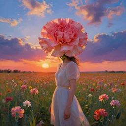 girl with a giant carnation head, surreal photography, flower field, sunset dramatic light, impressionist painting, colorful clouds, blue sky, digital painting, artstation, simon stalenhag