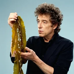 bob dylan holding up bull kelp, gazing at it endearingly, photograph
