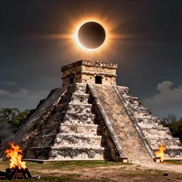 artistic depiction of an Aztec pyramid, during an eclipse, with fires raging around