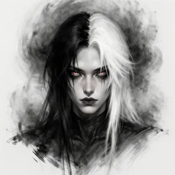 concept drawing, demon possessed character, male. hair cut in half, left black, right white. demon noticeable by extra eyes, dark aura, cold look. made by karol bak