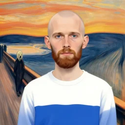 teemu pukki. 3 0 year old bald with beard. white and blue shirt. in scream by edward munch