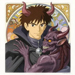 portrait of a warlock and his bound demon, finely illustrated face, highly detailed, colored pencil, studio ghibli, tankobon, in the style of ilya kuvshinov and krenz cushart and william - adolphe bouguereau and alphonse mucha