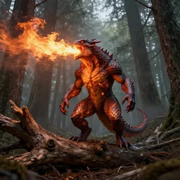 dead forest, fire creature with scales, standing on a fallen tree, fire from mouth, breathing fire, by Greg Rutkowski, trending on artstation, unreal engine, 4k, high quality render, digital art
