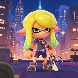 play splatoon 3 game in the newyork city, ink on everywhere, landscape in the night, beautiful scene,
