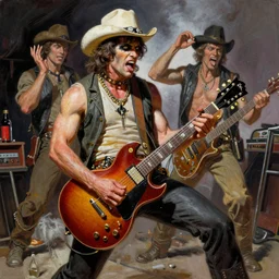 Snake Oil salesman shredding on a Gibson SG, badass painting by Frank Frazetta