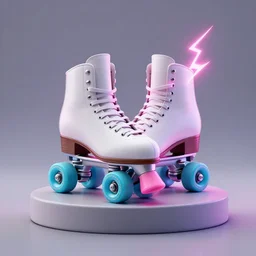 white retro! roller skates with cyan wheels on a pedstal, octane render, 3 d model, pink lightning, neon!! light, blender