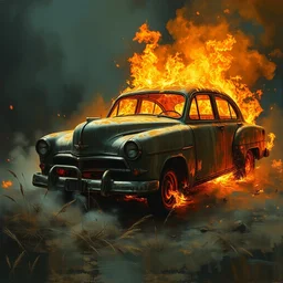 an abandoned car on fire, detailed painting epic lighting by ilya repin, phil hale and kent williams