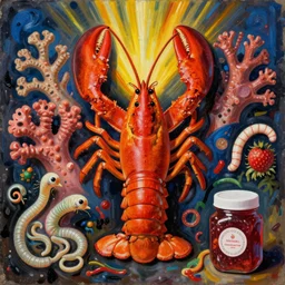 Pasiphae by Jackson Pollock, meeting God, lobsters, coral, worms, larvae, Strawberry Jam by Animal Collective, realistic photograph of fruit