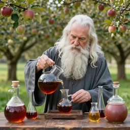 beautiful professional photograph of a wizard with a very long white beard, brewing brewing, potions, elixirs, potions potions, in an apple!!! orchard