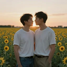 a gay couple in their 30s together in a field of flowers at sunset, realistic, intricate, 4k