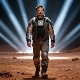 Elon Musk as the first man to walk on Mars, dramatical lights, epic scene