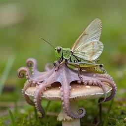 a beautiful nature photograph of a grasshopper fairy sitting on a mushroom octopus with curling tentacles