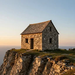 house made of stone, on a cliff, sunrise, 3 5 mm photography