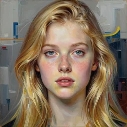 portrait of a blonde girl, close up, wide angle, ultra realistic, intricate details, highly detailed, abstract art piece by gaston bussiere, craig mullins, j. c. leyendecker 8 k