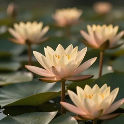 lily Pads and Lotus flowers and more Lotus flowers, golden hour, close up, DOF, 8k, artstation, cinematic lighting,