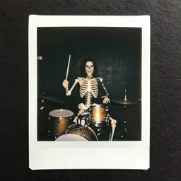 skeleton drummer, wild, flash polaroid photo, underground drug party,