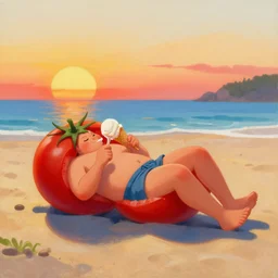 a painting of a lazy red tomato on a sunny beach eating ice cream, a sunset by james jean