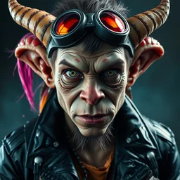 a young apocalyptic scifi orcish goblin biker character, professional photo, psychedelic vibrant colors, futuristic punk rock fashion, highly detailed oil painting by michael whelan art, perfect face, sharp focus, detailed eyes, realistic, leather jacket, 8 k, dynamic lighting, artstation, unreal engine 5, michael whelan