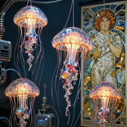 cyberpunk jellyfishes, cables, futuristic hi-tech details, art by anthony macbain + greg rutkowski + alphonse mucha, concept art, 4k, sharp focus, cinematic unreal engine
