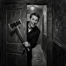 Ted Cruz with a wide grin wielding a hatchet peaking through a door in the distance at the end of a narrow corridor, black and white, creepy lighting, scary, horror, ornate, eerie, fear, oil painting