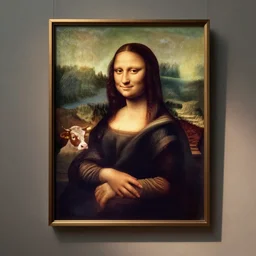 a cow as the mona lisa, painted by davinci, hanging in the louvre