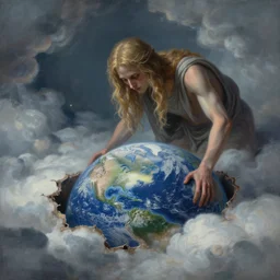 a detailed mate painting of god looking down on earth through a hole in the clouds'by stephanie law, existential horror, trending on cgsociety artstation, highly detailed, 8 k, masterpiece, super resolution.