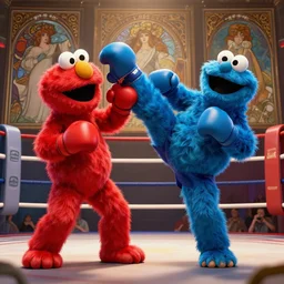 scared elmo and cookie monster muay thai boxing match, high kick, octane render, hyperdetailed, beautiful, art, by greg rutkowski, mars ravelo, wlop, alphonse mucha, in the style of artstation