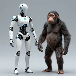 futuristic cyborg holding hands with homo habilis, hd photograph, photo in a studio room