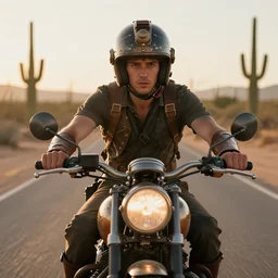 young man on a desert road on his steampunk motorcycle wearing a high tech modular helmet, driving toward camera, close - up, worms - eye - view, cacti, cinematic view, golden hour, backlight, long lens, bokeh, masterpiece by louis klemantaski and james moy