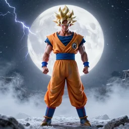photorealistic full shot of Dwayne Johnson as a warrior style goku super saiyan at moonlight, apocalyptic background, snowing, lightning bolt, high detail, unreal engine 4k volumetric light, fog,