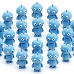 24 small blue robots with cute smiling faces and bright white eyes looking at the camera