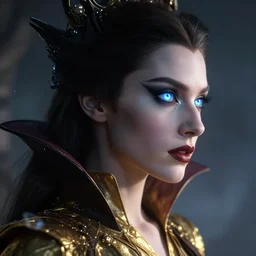 triss merigold dressed as a vampire queen, perfect face viewed in profile, bright glowing blue and silver eyes, gold shirt, cinematic, floating ash, stunning, highly detailed, artstation, smooth, hard focus, concept art, art by artgerm and greg rutkowski and alphonse mucha, volumetric lighting, octane render, 4 k resolution, trending on artstation, masterpiece
