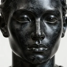 close up of face of black shiny marble sculpture, official versace editorial, highly detailed